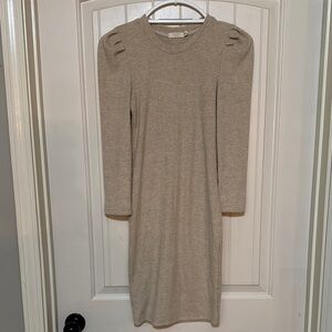 Harper Tan Puff Sleeve Crew Neck Sweater Dress
